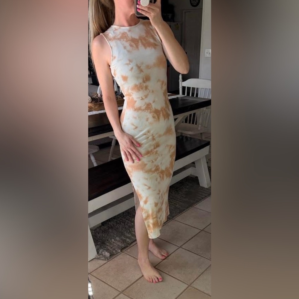 Gianni Bini Gold Tan Tie Dyed Ribbed Bodycon Slimming Casual Maxi Dress - Picture 2 of 7